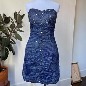 Vintage 90s Y2k Strapless Midnight Blue Glitter Rhinestone Minidress